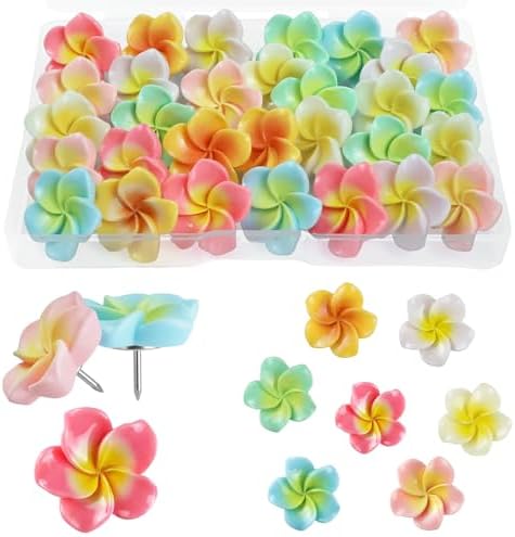 30pcs Flower Cabochons Flatback Plumeria Flower Push Pins in 7 Colors Cute Office Decor for Women Cork Board Bulletin Board, Photos Wall Maps and Other Offices Schools Supplies Christmas Decoration