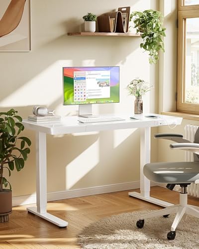 Marsail 47.24 inch Glass Standing Desk with 2-Zone Drawer Storage, White