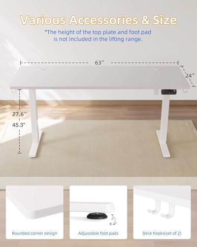 YIHAYO Electric Standing Desk, 63 x 24 Inches Stand Up Desk with Splice Board, Adjustable Height Desk, Computer Desk for Home Office, White Frame/White Top