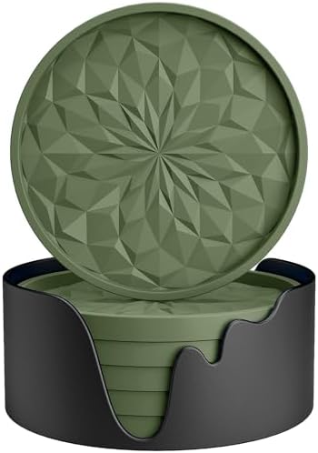 ME.FAN Silicone Coasters with Holder,[6 Pack] Drinking Coasters - Cup Mat for Hot or Cold Drinks, Thickened, Non-Slip, Non-stick,Deep Tray Olive Green