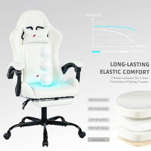 Fabric Gaming Chair for Adults, Ergonomic Computer Office Desk Chair with Footrest,Pocket Spring Cushion, Reclining High Back Silla Gamer for Home Office, White