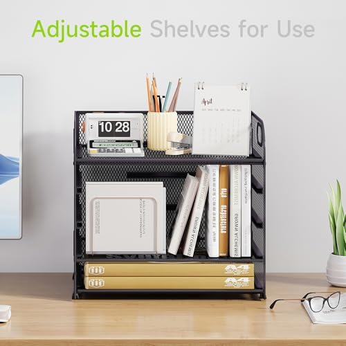 Cawukege 2 Pack 5 Tier Paper Organizer, Letter Tray with Handle, Mesh Desk Organizer, Metal File Organizer, Office Desk Accessories for Home, Office, Classroom, School -Grey