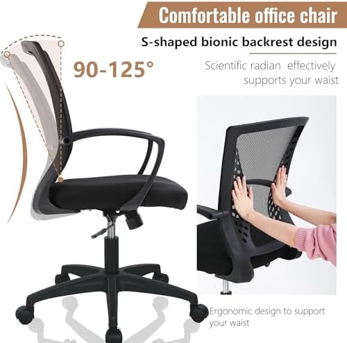 FDW | Mid Back Office Chair | Black | with Lumbar Support, 360 Swivel