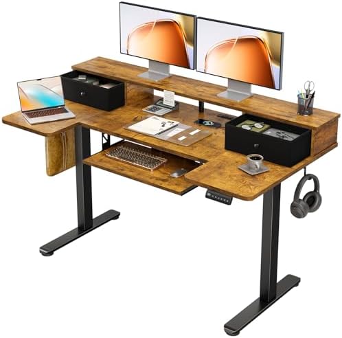 OffiGo 55 Inch U Shape Standing Desk, Keyboard Tray & Drawers, Rustic Brown