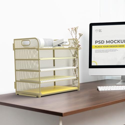 Sinboun Letter Tray Paper Organizer 5-Tier Desk Organizer File Organizer Paper Holder with Handle, Metal Desktop Document Shelf Tray Office Classroom Organization - Gold