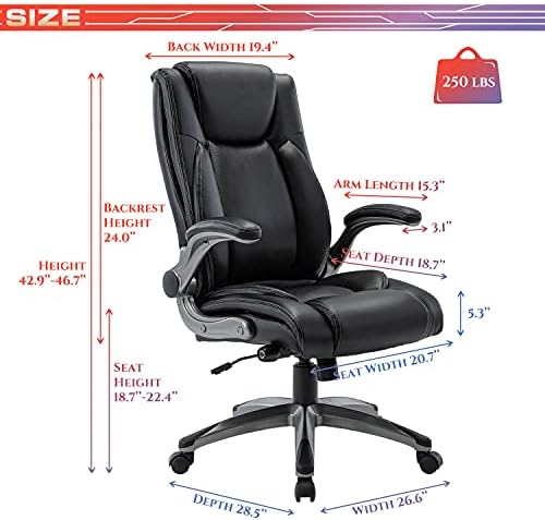 COLAMY Ergonomic Office Chair, High Back Leather Desk Chair with Adjustable Lumbar Knob, Thick Cushion Seat, Flip-up Armrests, Rocking Function, Computer Chair for Home Office, Black
