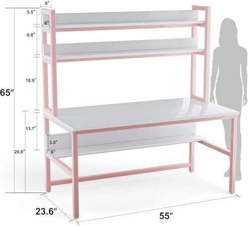 Aquzee Pink Desk with Shelves, Computer Desk with Hutch, 55 Inch