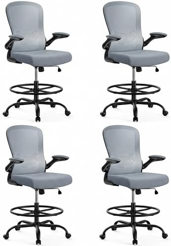 ErGear Drafting Chair,Tall Office Chair with Flip-Up Armrests, High Desk Chair Adjustable Height and Adjustable Footrest Ring, Ergonomic Standing Desk Chair with Lumbar Support, Blue,4 Pack