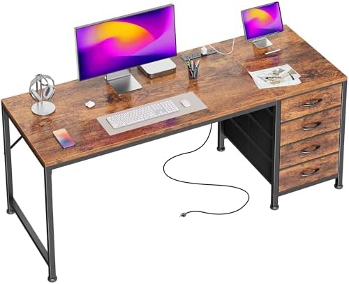PRAISUN 55.1 Inch Computer Office Desk with Power Outelts and USB-C Port, Reversible Gaming Desk with 4 Fabric Drawers, Work Study Desk Work from Home, Rustic Brown