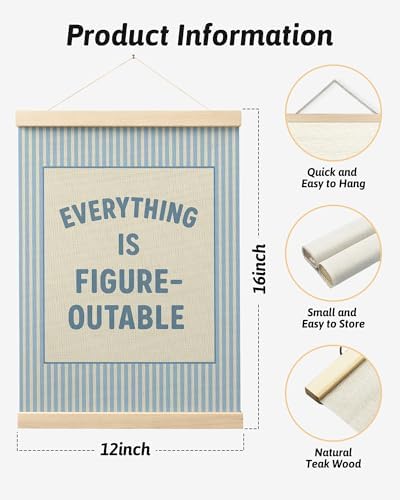 FGFK Preppy Blue Everything Is Figureoutable Inspirational Wall Art Poster Hanger Frame, Trendy Blue Striped Positive Affirmations Canvas Prints Framed Wall Decor for Girls Bedroom Dorm, 12x16 Inch