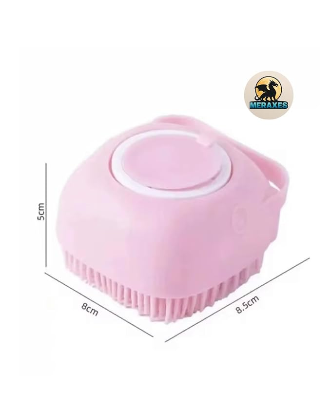 MERAXES Pet Grooming Bath Brush with Soap Dispenser – Soft Silicone Massage Bristles for Dogs & Cats, Gentle Deshedding & Deep Cleaning for Long or Short Hair – Pink