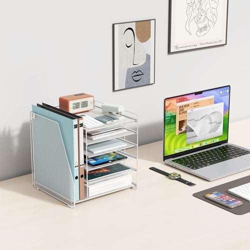 gianotter 6-Tier Paper Organizer With Magazine Holder, Desk Organizers and Accessories, Desk Accessories & Workspace Organizers, File Organizer for Office Supplies Storag (White, 6-Tier)