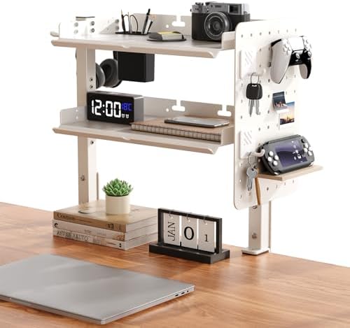 Metal Clamp On Desk Shelf,Storage Shelves with Pegboard and Pencil Holder