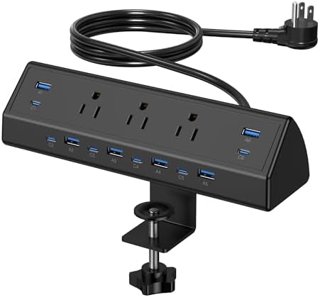 Jgstkcity 130W Desk Clamp Power Strip, 12 USB Ports (6 PD 65W USB-C),Surge Protector,ETL Listed Power Hub Extension Cord,Fast Charging Station for Home Office Desk Edge Mount (Black, 12 USB-130W)