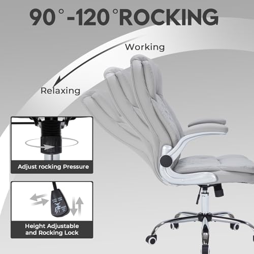 400lbs Executive Office Chair with Flip-Up Armrests, Big and Tall Computer Chair for Heavy People, Heavy Duty Ergonomic Comfy Chair, Breathable PU Leather (Grey)