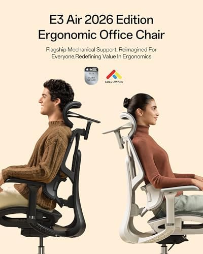 Hbada E3 Air 2026 Ergonomic Office Chair, 3-Zone Lumbar Support, Comfy Home Office Chair with Auto Recline, 4D Headrest & Armrests, 140° Tilt for Work & Relax, Grey