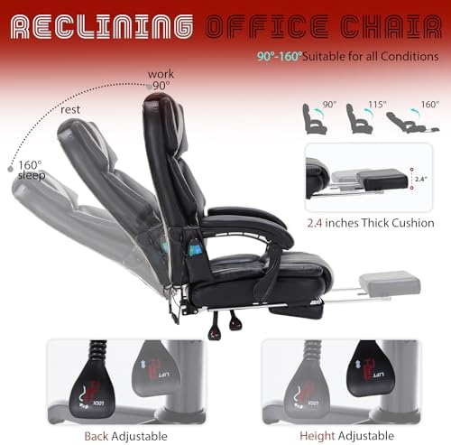 Massage Office Chair with Foot Rest 6 Points Vibration and Heat Home Office Desk Chairs for Heavy People 400lbs Reclining Managerial Chairs Ergonomic Executive Chair (Black)