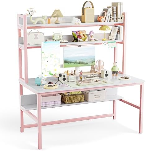 Aquzee Pink Desk with Shelves, Computer Desk with Hutch, 55 Inch