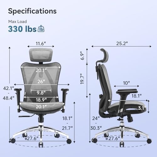 SIHOO M57 Ergonomic Mesh Office Chair, High Back Home Desk Chair with 3D Armrests, Lumbar Support and Adjustable Headrest, Comfortable Computer Chair, Hold 330 LBS-2 Packs-Grey