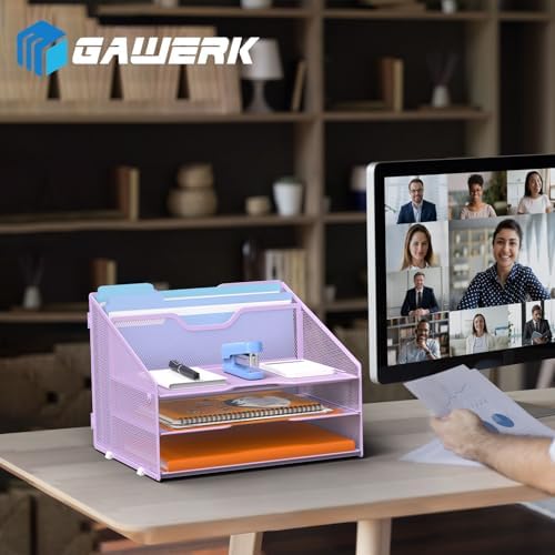 GAWERK Letter Tray Organizer, Mesh Desk File Organizer with 3 Paper Trays and 2 Vertical Upright Section (Purple)