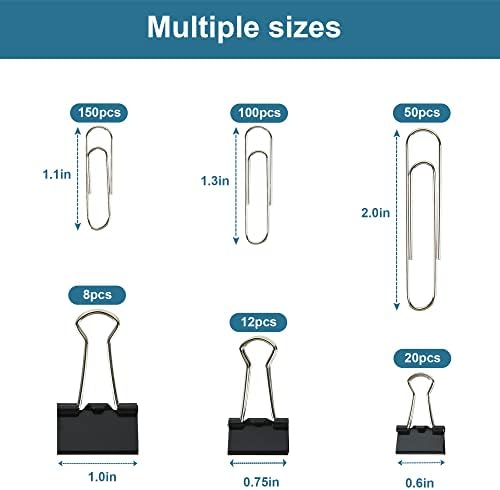 Assorted Size Binder Clips & Jumbo Paper Clips Set - 340pcs Black, Large for Office & School Supplies, in Container with Compartments