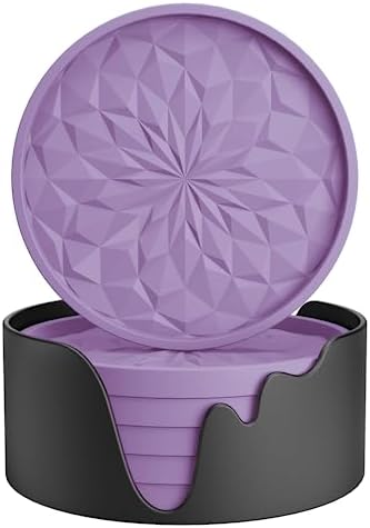 ME.FAN Silicone Coasters with Holder,[6 Pack] Drinking Coasters - Cup Mat for Hot or Cold Drinks, Thickened, Non-Slip, Non-stick,Deep Tray Light Purple