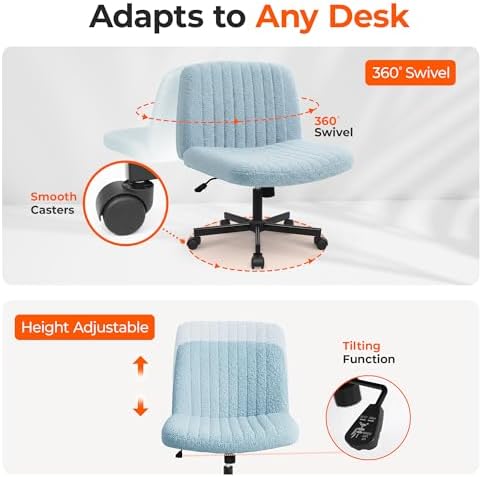Orange Factory Criss Cross Chair with Wheels, Wide Vanity Seat, Blue Teddy