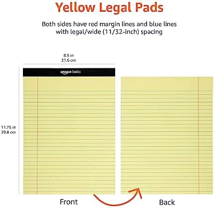 Amazon Basics Wide Ruled Lined Writing Pads, 8.5" x 11.75", Canary, 12-Pack of 50 Perforated Sheets, Sturdy Backing
