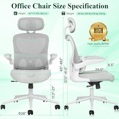 SUNNOW Ergonomic Office Chair, Comfy Mesh Desk Chair, High Back Computer Gaming Chairs with Adjustable Lumbar Support, Flip-Up Arms, Headrest, Tilt Function, Wide Cushion, Swivel Rolling Wheel (Grey)