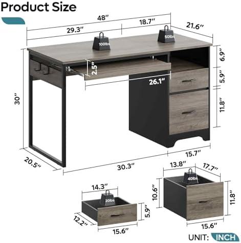 Bestier 48” Computer Desk with Drawers, Office Desk with Storage, Industrial Wood Writing Desk with File Drawer, Keyboard Tray & 2 Hooks for Home Office & Studio, Gray
