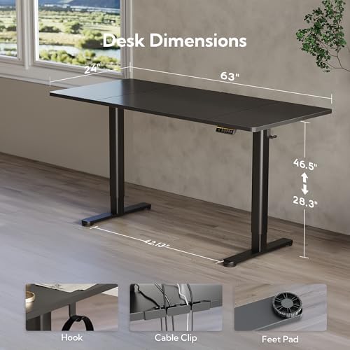 Claiks Electric Height Adjustable Standing Desk, 63x24 Inch, Black