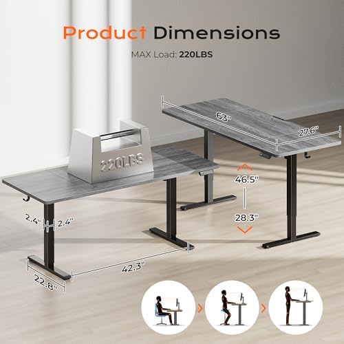 Huuger 63 x 28 Large Electric Standing Desk, Height Adjustable Computer Desk, 27.6" Deep Desktop, Stand up Gaming Office Table with 2 Hooks, 3 Preset Heights, for Home Office, Grey