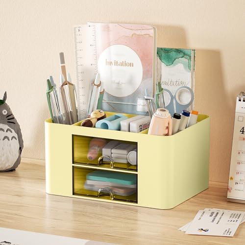 Marbrasse Pen Organizer with 2 Drawer, Multi-Functional Pencil Holder for Desk, Desk Organizers and Accessories with 5 Compartments + Drawer for Office Art Supplies (Yellow)