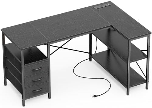 Huuger L Shaped Office Desk with Power Outlets & 3 Drawers