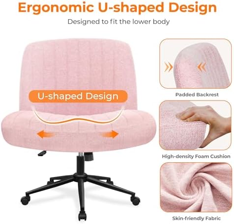 NEO CHAIR Criss Cross Chair with Wheels Armless Cross Legged Office Desk Wide Comfy Vanity Makeup Chair Adjustable Swivel Rolling Computer for Home Office Fabric (Pink)