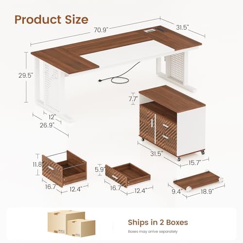 SEDETA 71" Executive Desk with Rolling File Cabinet, Large Office Desk with Drawers, L Shaped Computer Desk with Power Outlets, CPU Stand, Pegboard and Storage Shelves, White