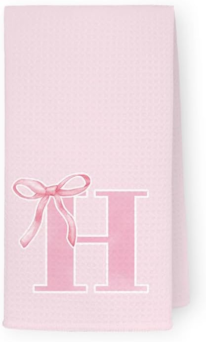 Monogrammed Initial H Hand Towels for Bathroom, Personalized Gifts for Women Girls Birthday Christmas, Coquette Preppy Pink Bows Waffle Kitchen Dish Tea Towels with Initial, 16x24 Inch