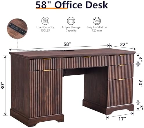 58" Modern Wood Executive Desk with 5 Drawers & 1 Cabinet, Built‑in Outlet