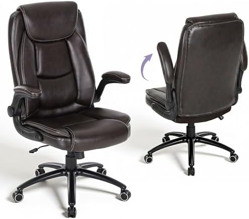 300lbs Capacity Executive Desk Chair Set of 2 with Ergonomic Lumbar Support, Flip-up Arms & High Back Leather Computer Chair for Home/Office, Brown