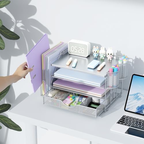 gianotter Wood Desk Organizers and Accessories with File Holder, 4-Tier Desk Accessories & Workspace Organizers with Drawer and 2 Pen Holder, Desk Reference Organizer (Grey, 4T with Metal Drawer)