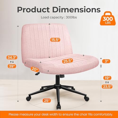 NEO CHAIR Criss Cross Chair with Wheels Armless Cross Legged Office Desk Wide Comfy Vanity Makeup Chair Adjustable Swivel Rolling Computer for Home Office Fabric (Pink)