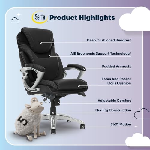 Serta Bryce Executive Office Chair, Ergonomic Computer Desk Chairs with Patented AIR Lumbar Support, Comfy Body Pillows, Height Adjustable, Swivel Base with Wheels, Bonded Leather, Black
