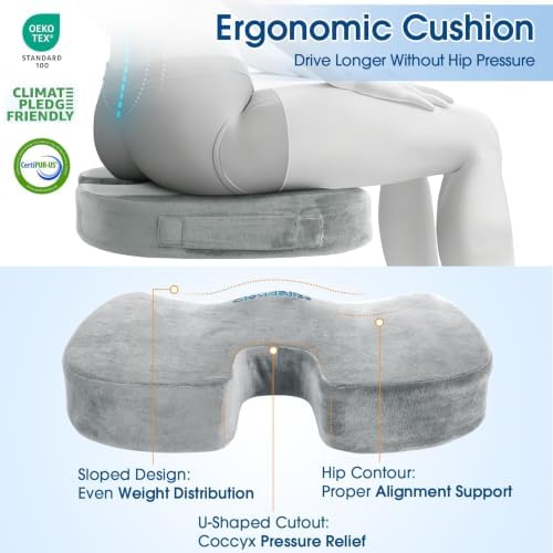 CloudBliss Lumbar Support Pillow & Seat Cushion Set for Office Chair,Desk Chair,Wheelchair & Car–Memory Foam Back Support, Ergonomic Chair Cushions, Sciatica Pain Relief,Home Essentials(Light Grey,XL)