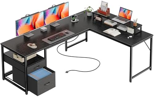 PRAISUN 63 Inch L Shaped Desk with Power Outlets and USB-C Port, Computer Corner Home Office Desk with File Fabric Drawers and Movable Monitor Stand, Larger Storage, Gaming, Writing, Work, Black
