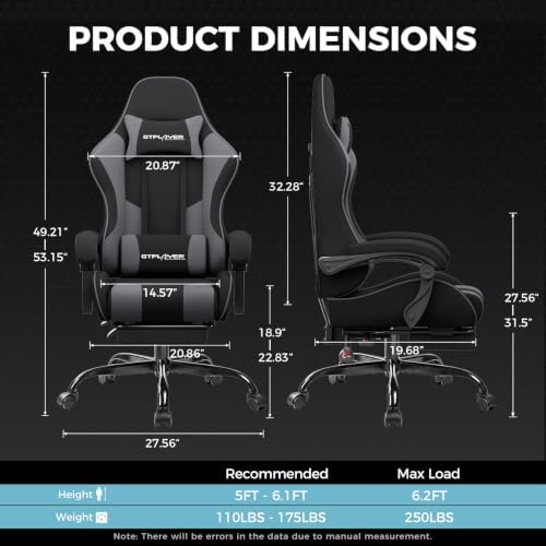 GTPLAYER Gaming Chair, Computer Chair with Footrest and Lumbar Support, Height Adjustable Game Chair with 360°-Swivel Seat and Headrest and for Office or Gaming (Darkgray, Fabric)