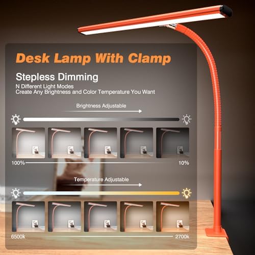 Airlonv LED Desk Lamp with Clamp, 17" Stepless Dimming Light, Orange
