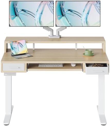 HUANUO 48″ x 26″ Electric Standing Desk with 2 Drawers &24.4″ Large Keyboard Tray, C-Clamp Mount Compatible, Adjustable Computer Desk for Office, Sit Stand Up Desk with 4 Height Presets, Light Walnut