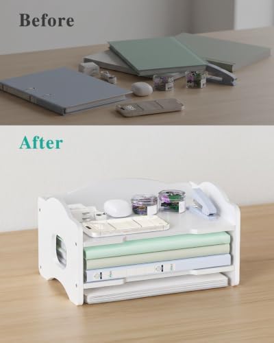 WALI Desk File Organizer, 2 Tier Stackable Desktop Paper Letter Tray Organizer with Handle, Office Desk Accessories & Workspace Organizers for Office, Home, School Supplies, 1 Pack, White