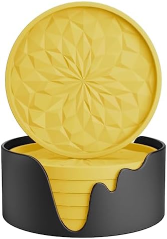 ME.FAN Silicone Coasters with Holder,[6 Pack] Drinking Coasters - Cup Mat for Hot or Cold Drinks, Thickened, Non-Slip, Non-stick,Deep Tray Yellow