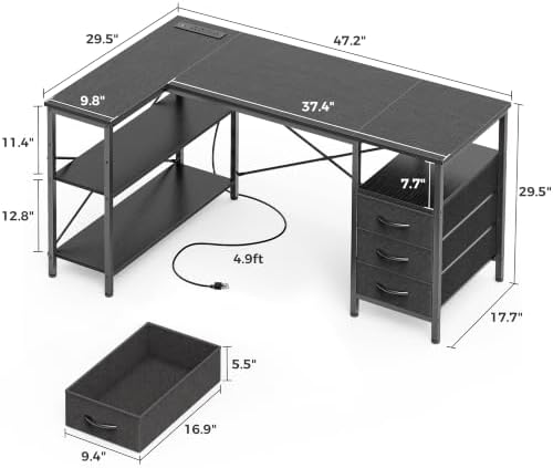 Huuger L Shaped Office Desk with Power Outlets & 3 Drawers